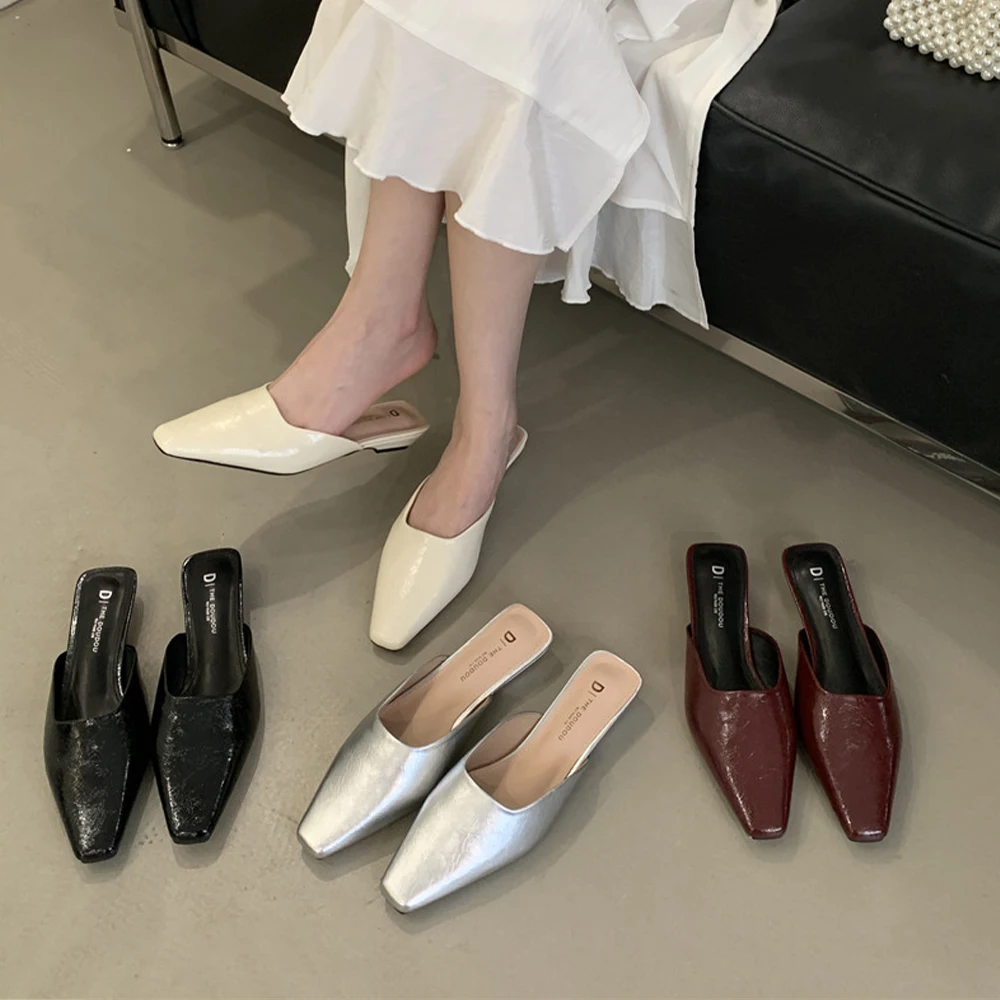 

Women's Mules Low Kitten Heel Closed Square Toe Slip On Block Heels Slippers Sandals Backless Office Casual Dress Shoes