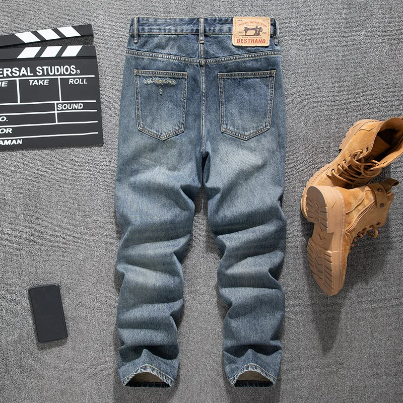 الكورية الرجعية المتعثرة التصحيح فضفاض مستقيم الساق الجينز الرجال العصرية حجم كبير الملابس الرجالية السراويل القماش المرقعة #2