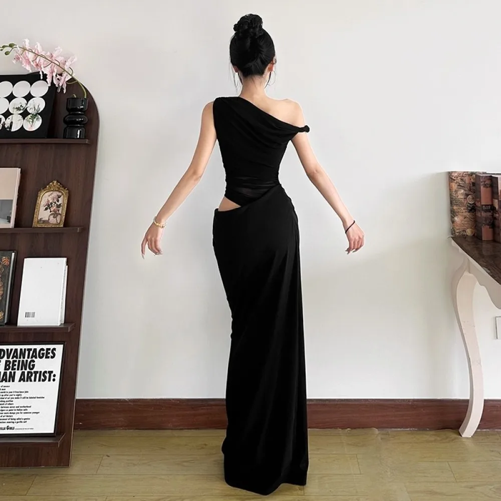 SylCue Sexy See Through Maxi Dress Women Irregular Skew Collar Hollow Solid Skinny Midnight Fashion Prom Party Elegant Vestidos