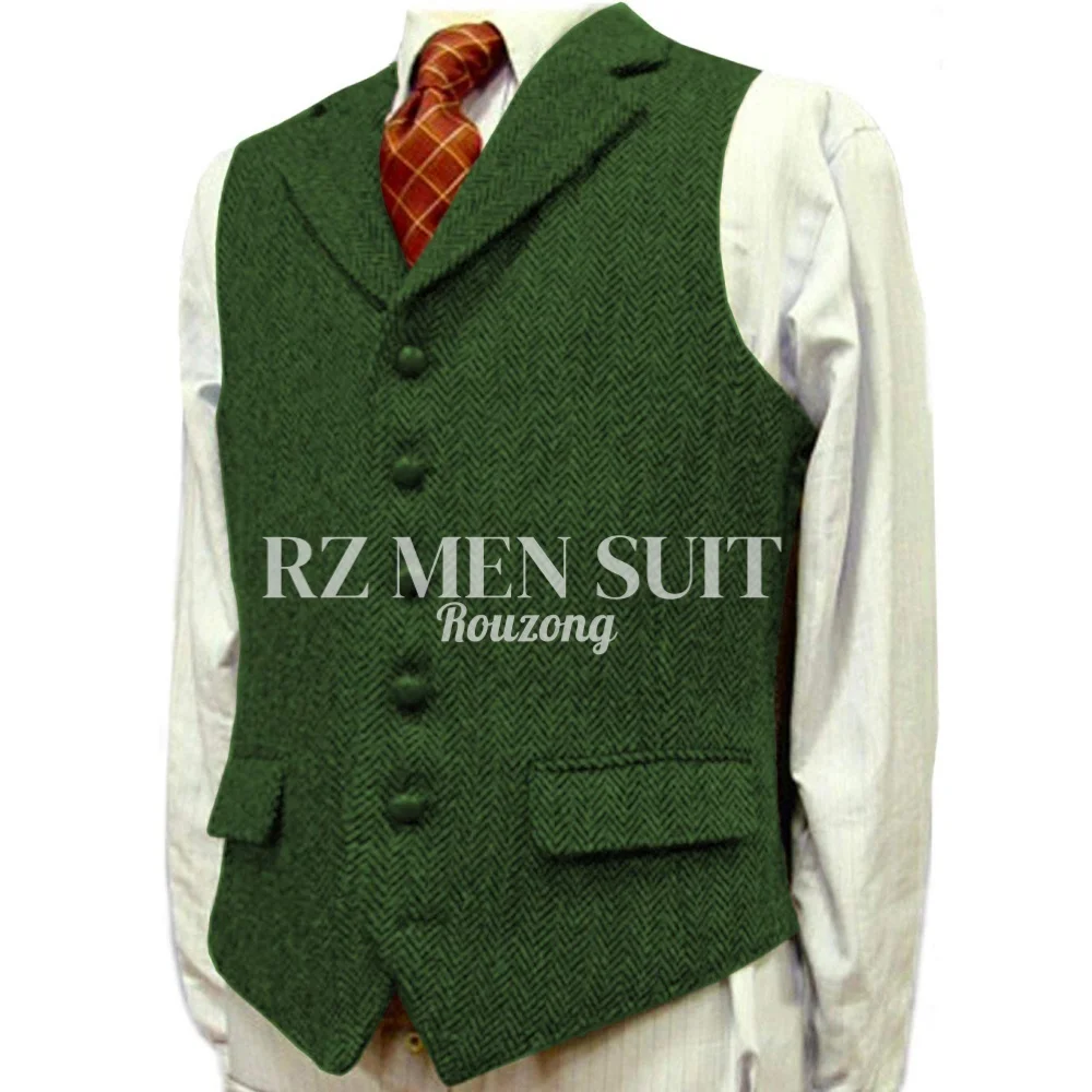 Mens Classic Henringbone Pattern Suit Vest Notch Lapel Slim Fit Waistcoat for Wedding Groomsmen chaleco hombre