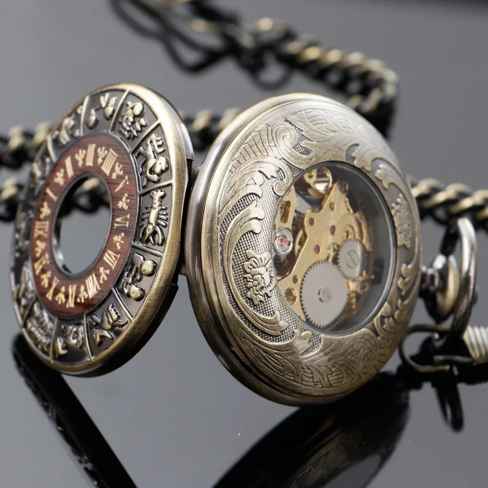 Hollow Bronze Steampunk Pendant for Men Women Hand Winding Mechanical Pocket Watch Roman Numerals Skeleton Watches FOB Chain