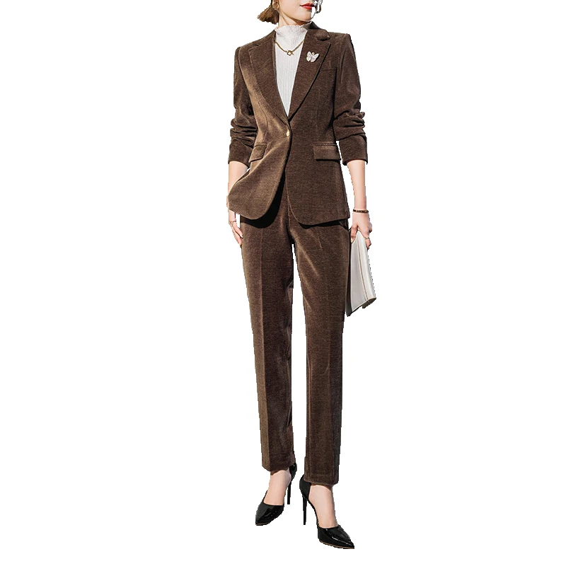 High Quality Fabric Corduroy Formal Women Business Suits OL Styles Professional Pantsuits Office Work Wear Autumn Winter Blazers