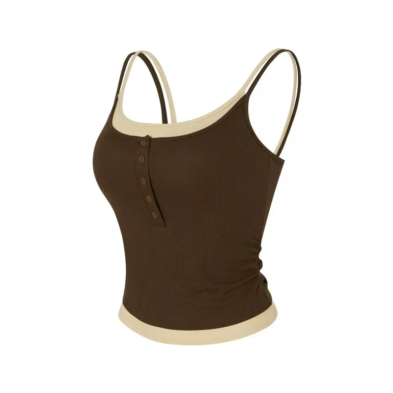 Contrast Fake Two-Piece Yoga Camisole, Ribbed Lyocell Tank Top with Built-in Pads, Backless Sports Bra for Daily Wear