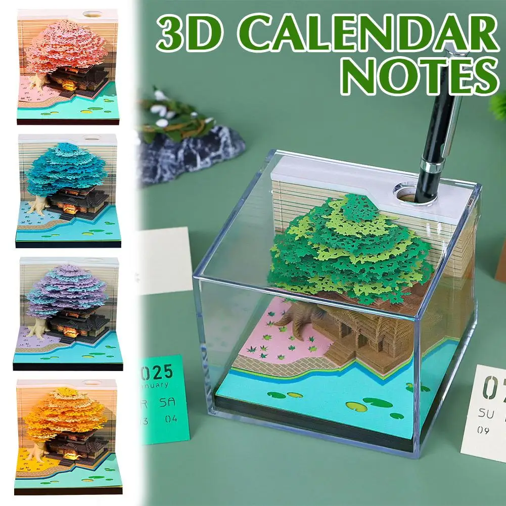 3dメモ帳カレンダー2025ペーパーブロックツリー、ハウスとツリーハウス付き3dホルダー装飾パッド、メモ帳付きオフィスキューブライトpe-i3v9