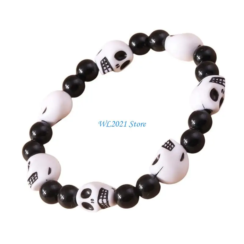 

G5GC Resin Skull Bead Wristband for Women Men Gothic Beaded Bracelet Elastic Wristchain Fashion Accessory for Costume