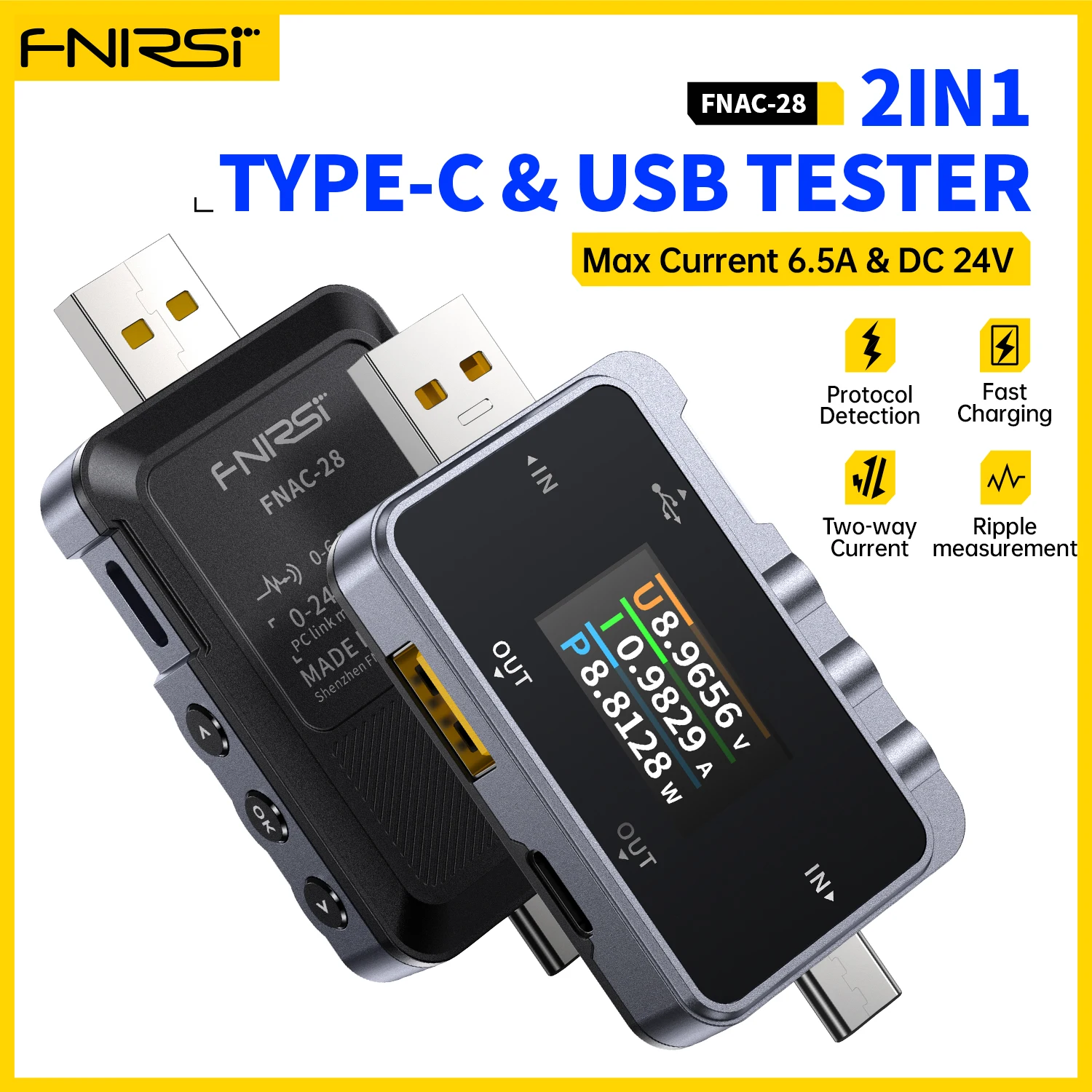 FNIRSI 2 IN 1 Type-C USB Tester 6.5A Digital Voltmeter Current Meter Ammeter Voltage Current Tester DASH Cable Charger Measure