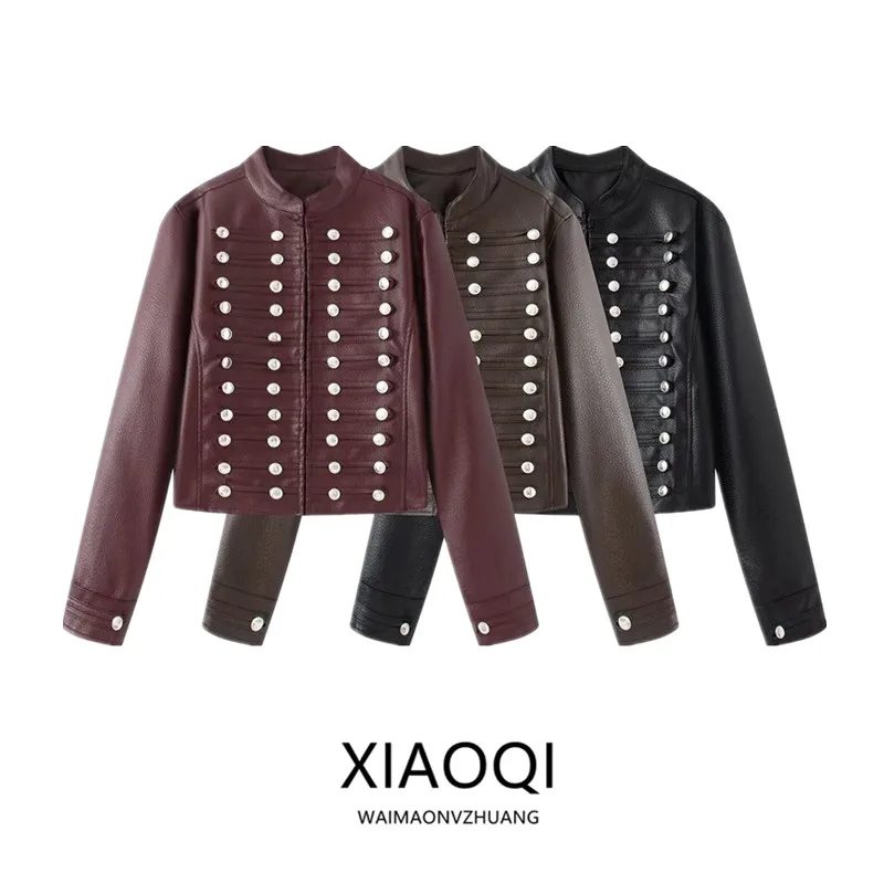 Slim Fit Leather Jacket Women's Fashion Design Button Patch Embellishment Autumn New Arrival Short Outerwear 2026