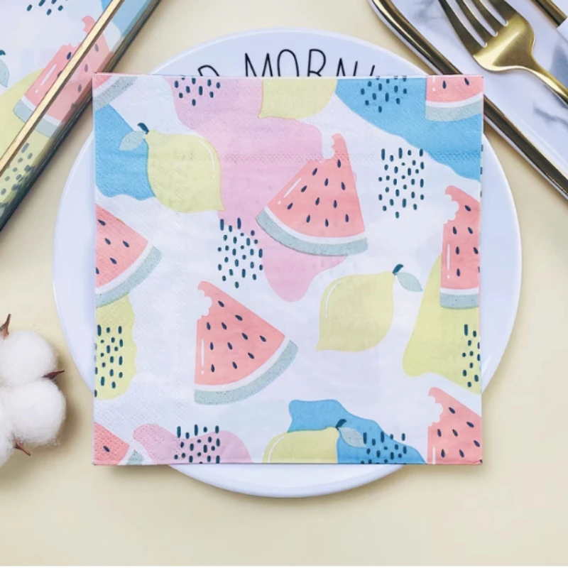 

20pcs/Pac 33cm Lemon Print Napkins Disposable Dessert Milk Tea Fruit Napkins Watermelon Pattern Coloured Paper Napkins Placemats