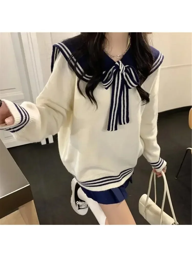 

Women's Sweaters Gentle Contrasting Color Sailor Collar Bow Knitwears Loose Casual Sweet College Style Pullovers Ladies Clothing