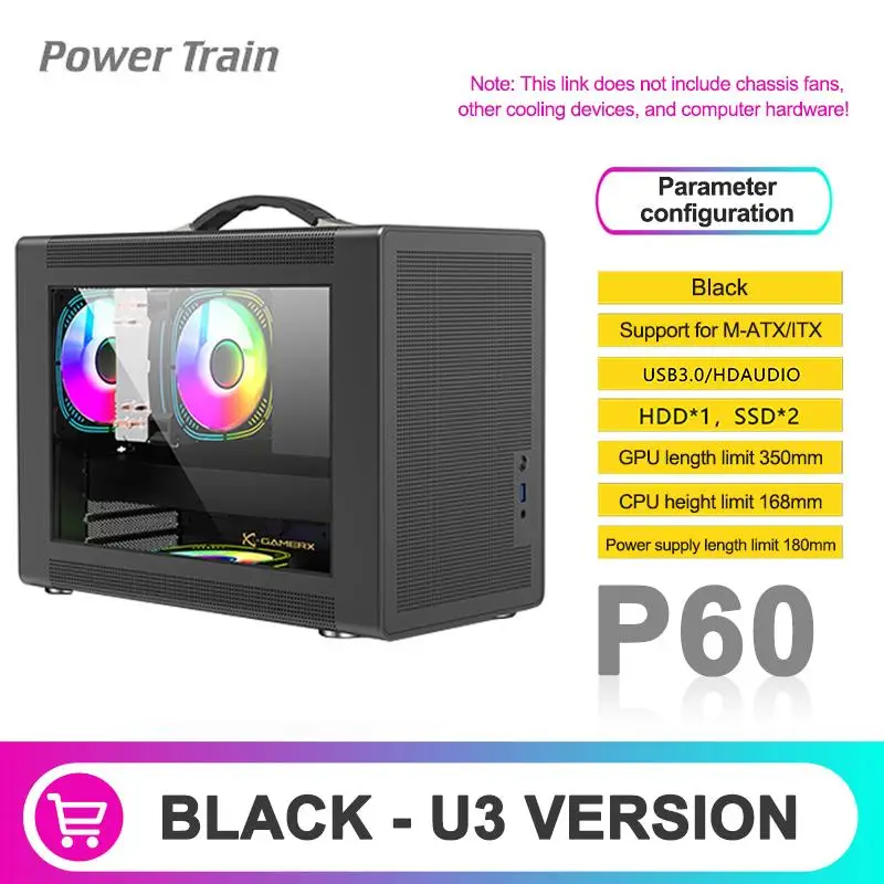 To Power Train P60 M-ATX Portable Computer Case ITX Motherboard ATX/SFX Power Supply Support U3 Type-C Desktop MINI Small