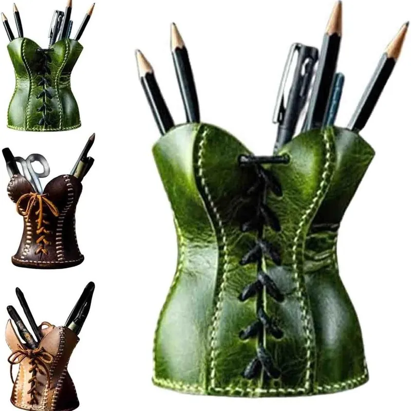 Popular Corset Pencil Cup Leather Tight Corset Pencil Cup Holder Pen Holder Creative Handmade Leather Storage Box Pencil Case