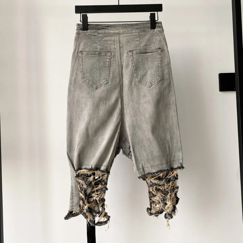 High Street RO Style Dark Washed Distressed Half Skirt Women's Decadent Wasteland Wind Bag Buttocks Slimming Denim Skirts