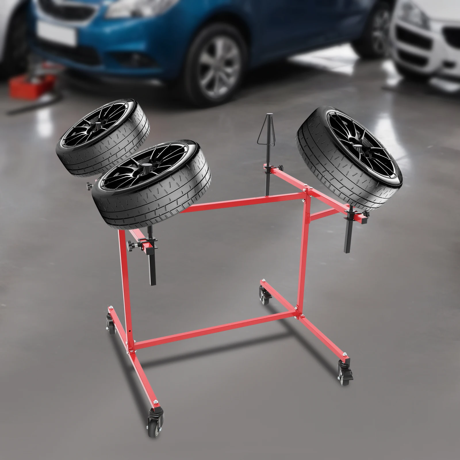 عجلة الطلاء حامل رف إصلاح السيارات الرف 100 كجم الحمولة قابل للتعديل الارتفاع 15 سنتيمتر 4 المخاريط 360 °   قابل للتدوير يستوعب 4 إطارات