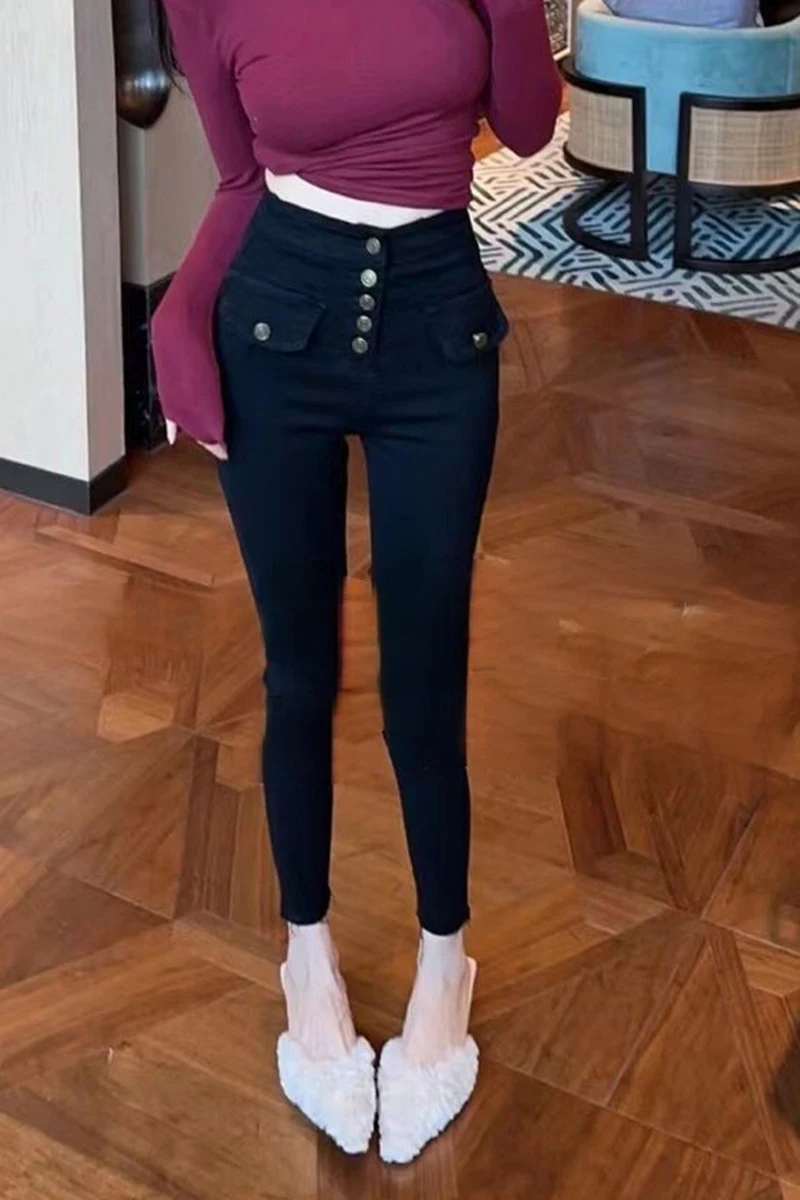 

Джинсы-скинни с высокой талией и эластичной вставкой, с пуговицами, весна 2023, корейский стиль, из хлопкового стрейч-денима