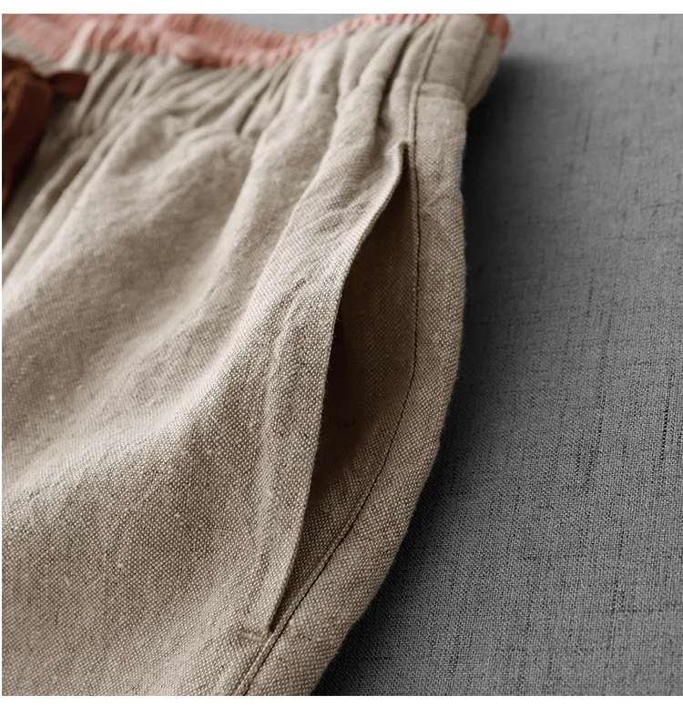 Cotton and Linen Color Blocking High-Waisted Wide-Legged Pants Female Summer New Korean Version of the Loose Temperament Casual