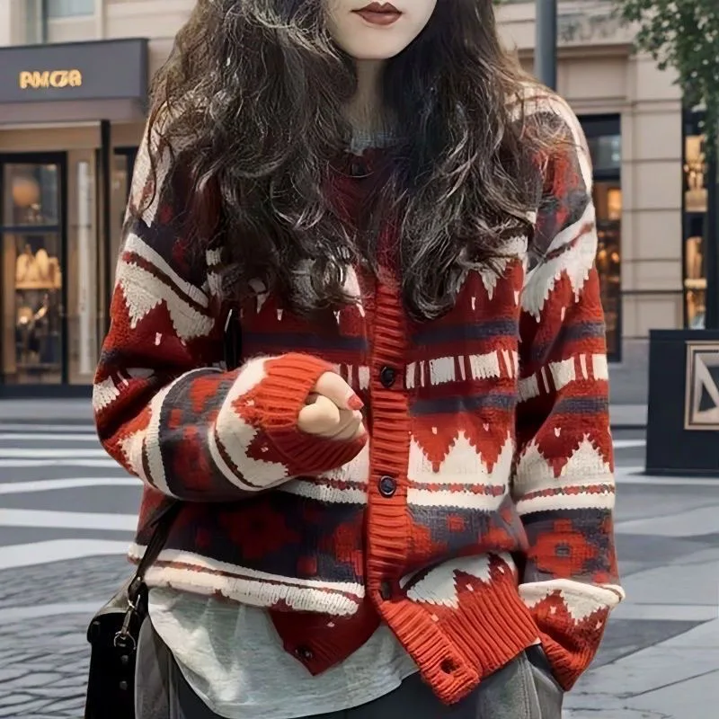 Women Y2k Vintage Jacquard Thick Sweaters Autumn Winter Fashion Commute Loose Warm Wool Knitted Cardigan