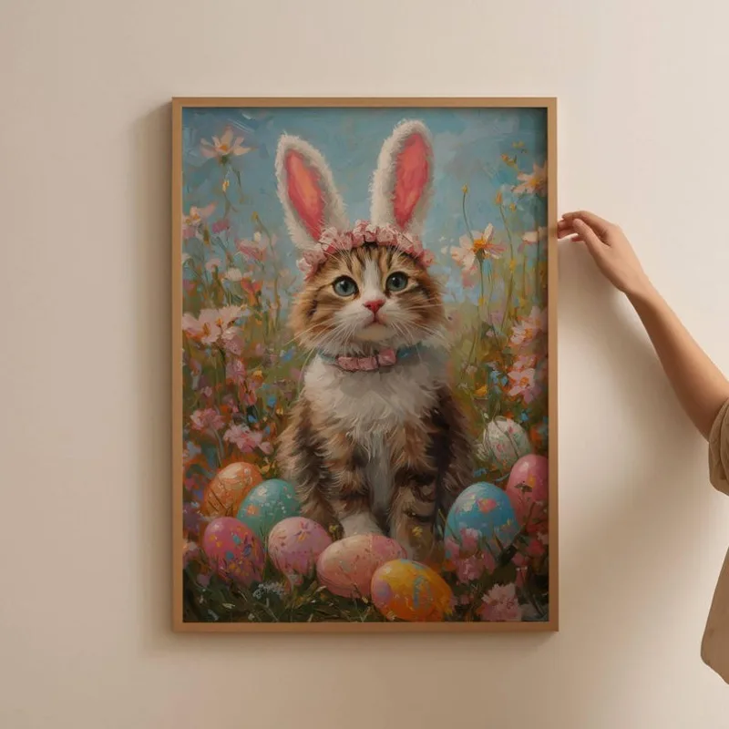 Cat with Bunny Ears Easter Canvas Wall Poster Art Decoration, Floral Cat and Easter Eggs Print, Cute Easter Decor,Unframe