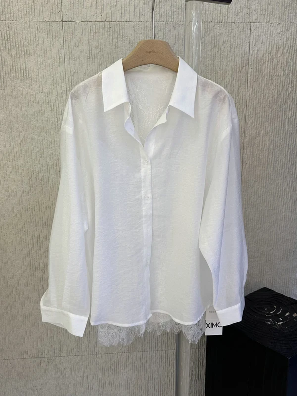 

Korean Style Simple Lace Splicing Shirt Spring Summer Loose Back Split Sun Protection Women's Trendy INS Long Sleeve Flip Collar