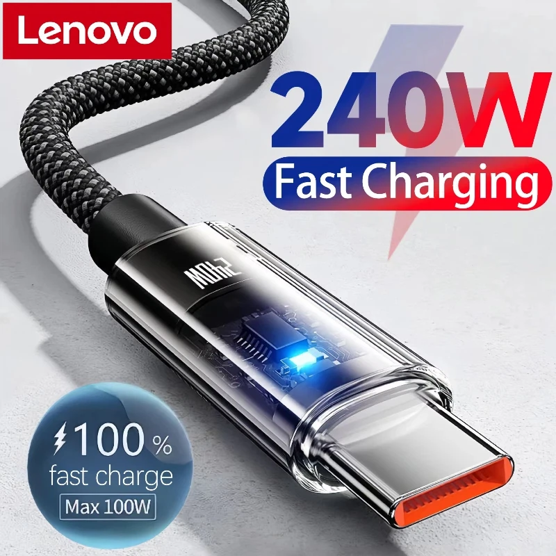 Lenovo 240W Nylon Type C Super Fast Charging Cable For Samsung Xiaomi Huawei Honor LED Digital Display USB C Charger Data Cord