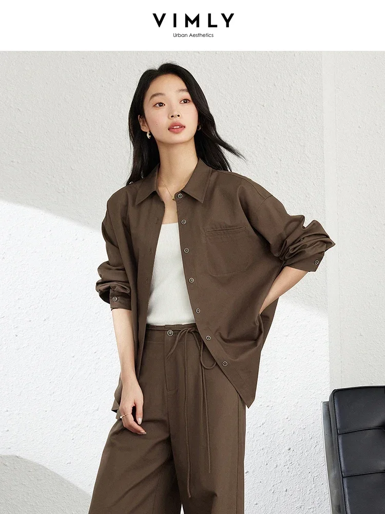 VIMLY Fashion Commuter 2PCS Women Work OL Pants Sets Autumn Long Sleeve Button Down Shirt+Wide Leg Trouser Simple Casual Suit