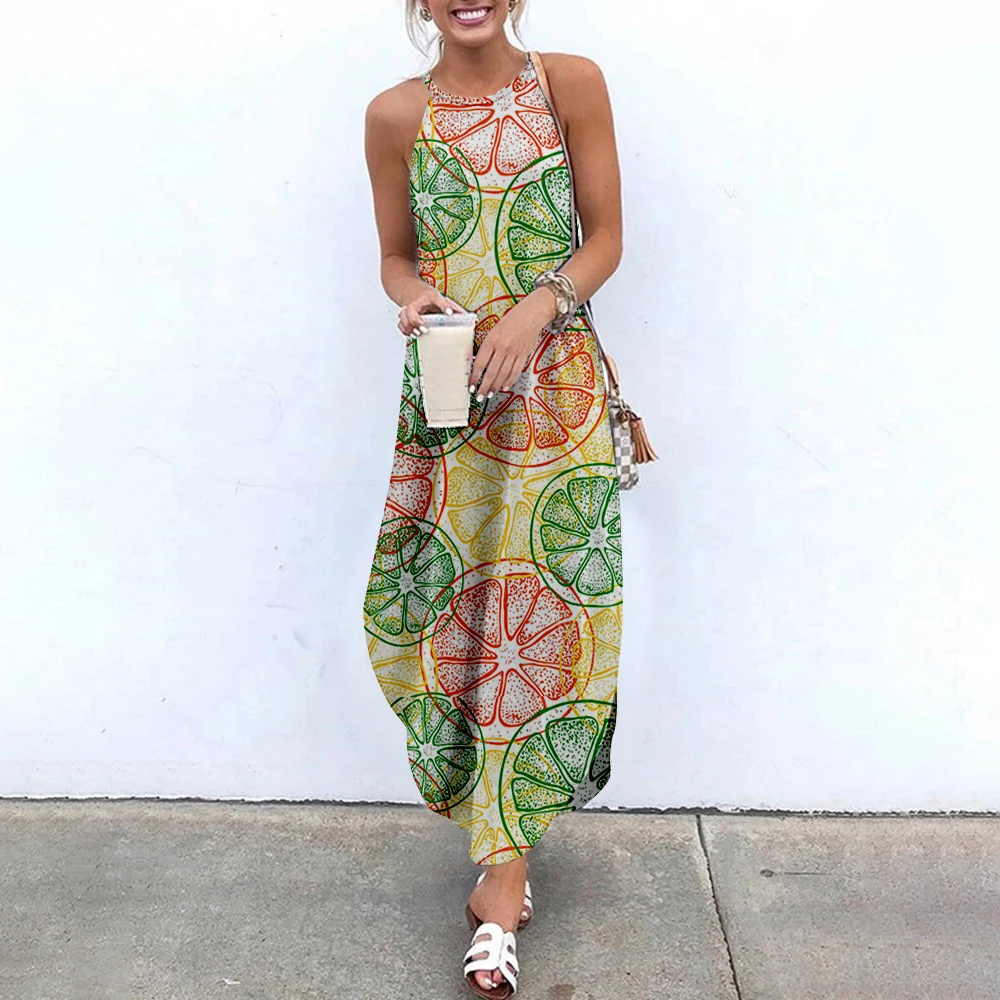 Women Maxi Dresses Lemon Printed Sleeveless Women Causal Summer Beach Dress SOJINM Sling Long Dresses Streetwear