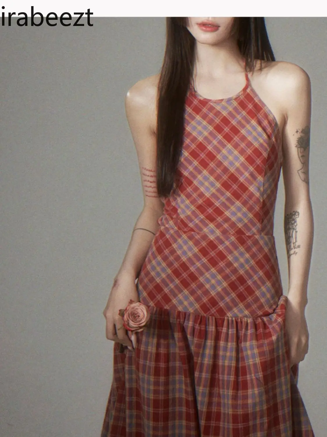 French Vintage Sense New Small Plaid Color Sleeveless Halter Fairy Halter Dress Female Robe Manches Chauve Souris Femme