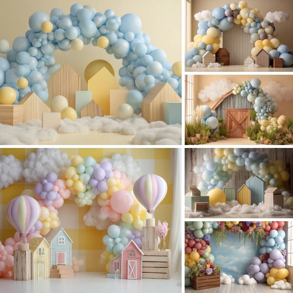 Birthday Decorations Backgrounds For Photographs Pastel Balloon Arch Star Lights Fluffy Rug Backdrop Wallpaper Photozone