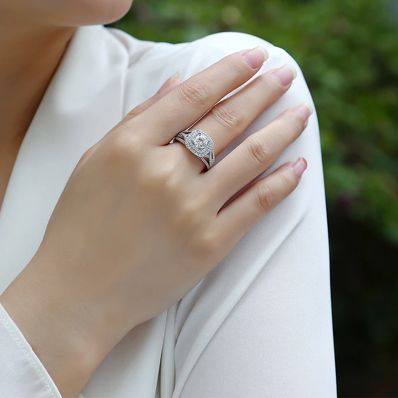 

JIUZUAN 1Ct Moissanite Halo Wedding Ring, S925 Silver, 18K White Gold Plated, Intricate Design, Perfect Bridal Jewelry