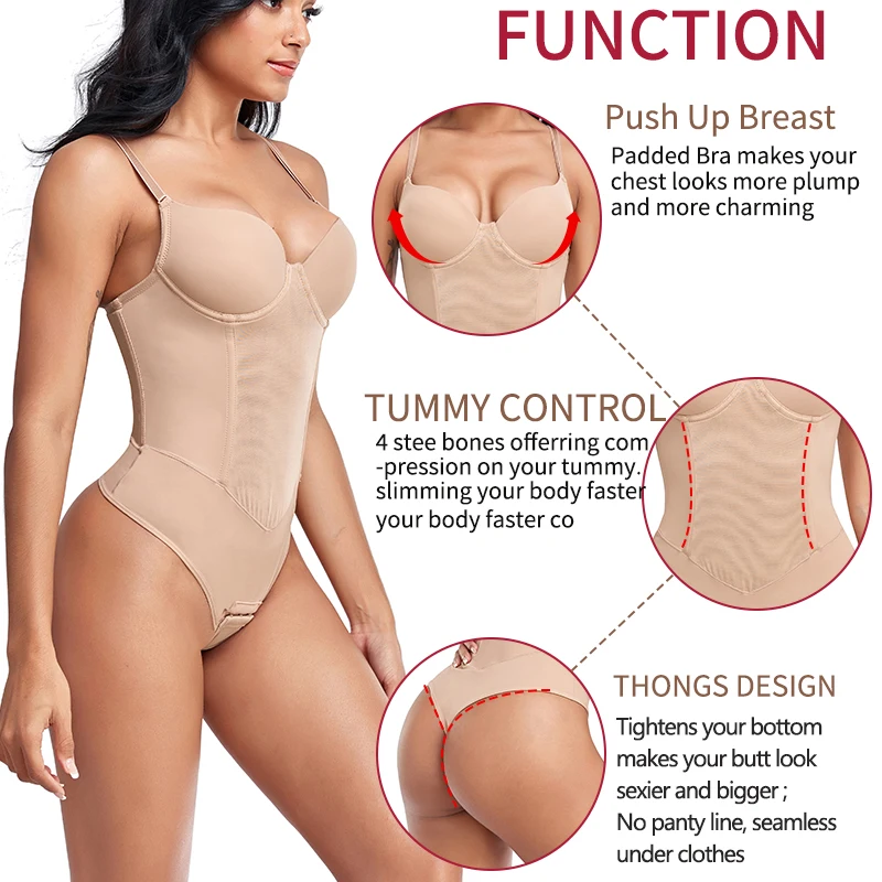 Sexy Built-in Bra Thongs Bodysuit Shapewear Women Mesh Body Shaper with 4 Steel Bones Slim Tummy Control Underwear Mesh Corset