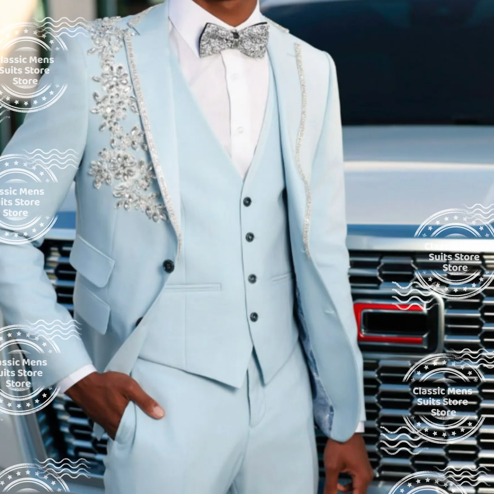

Customized Embroidery Men Suit Luxury Jewelry Crystal Wedding Ropa Blazer 3 Pieces Set Male Prom Blazer Intricate Groom Tuxedos