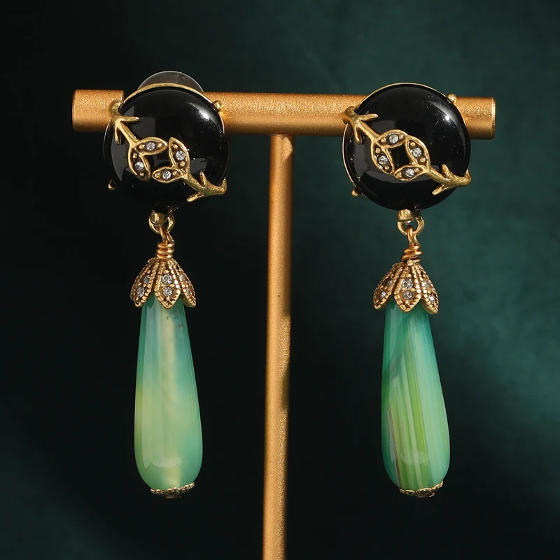 

Palace Style Green Long Natural Stone Water Drop Earrings Vintage Black Semi-circular Luxury Gold Color Leaf Antique Jewelry