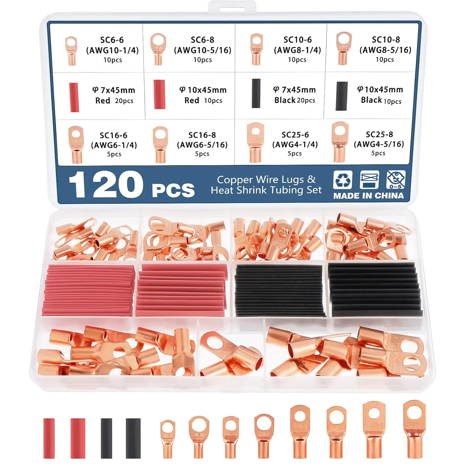 

120Pcs Copper Wire Lugs with Heat Shrink Tubing Set, 60Pcs AWG10 8 6 4 Ring Terminal Connectors Tubular Electrical Wire End