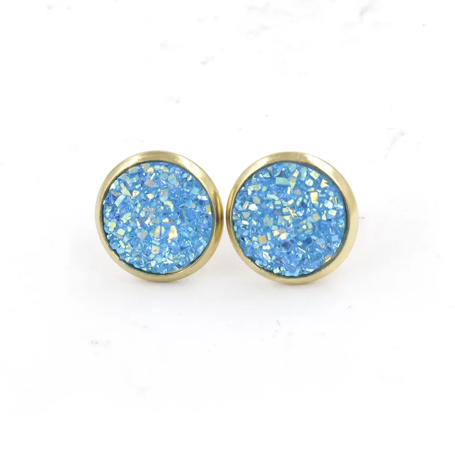 12MM Druzy Drusy Earrings Resin Cabochon Gold Color Stud for Women Men Girl Jewelry Gift