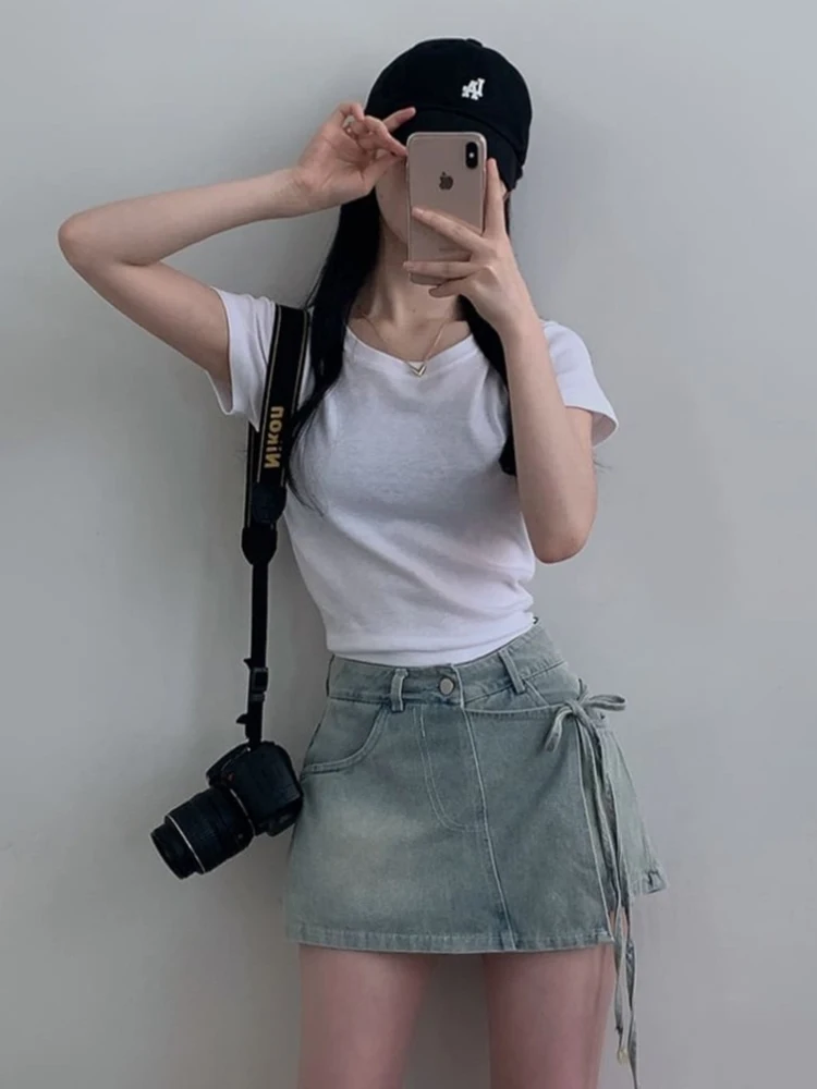 

Korean Sle High Waist A-Line Denim orts Women Summer Spicy Girl ature Pants Belted Skirt Pants Chinese Brand