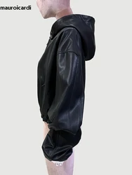 Mauroicardi Spring Cool Short Waterproof Black Pu Leather Jacket Women with Hood Long Sleeve Zipper Luxury Designer Clothes 2024