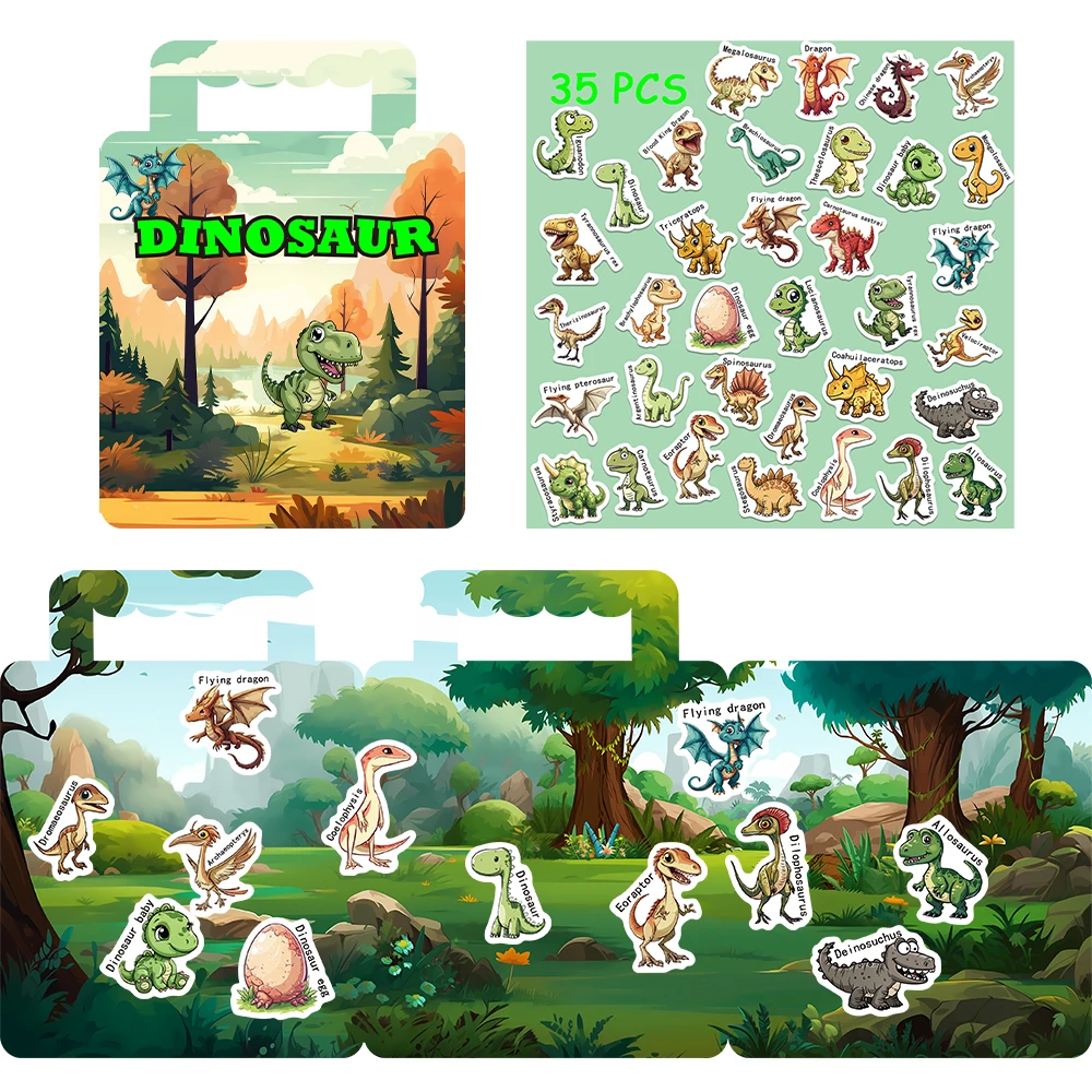 Imagem -03 - Reutilizável Dinosaur Sticker Book Cena de Educação Infantil Livro Removível Foco Cultivo Quiet Sticker Book 35 Pcs