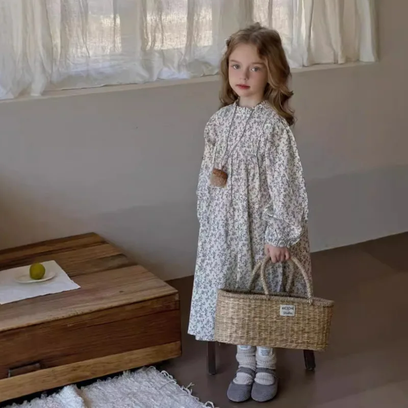 

2025 Autumn Winter Girls Cotton Dress Vacation Daily Children Kids Long Sleeve Princess French Floral 3y-10y Oufit Pullover