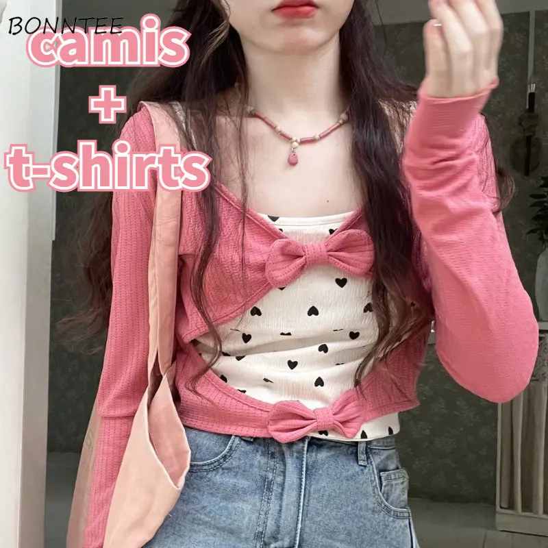 

2 Pcs Sets Women Bow Hollow Out T-shirts Print Hotsweet Camis Spring Students Fashion Aesthetic Elegant Streetwear Simple Casual