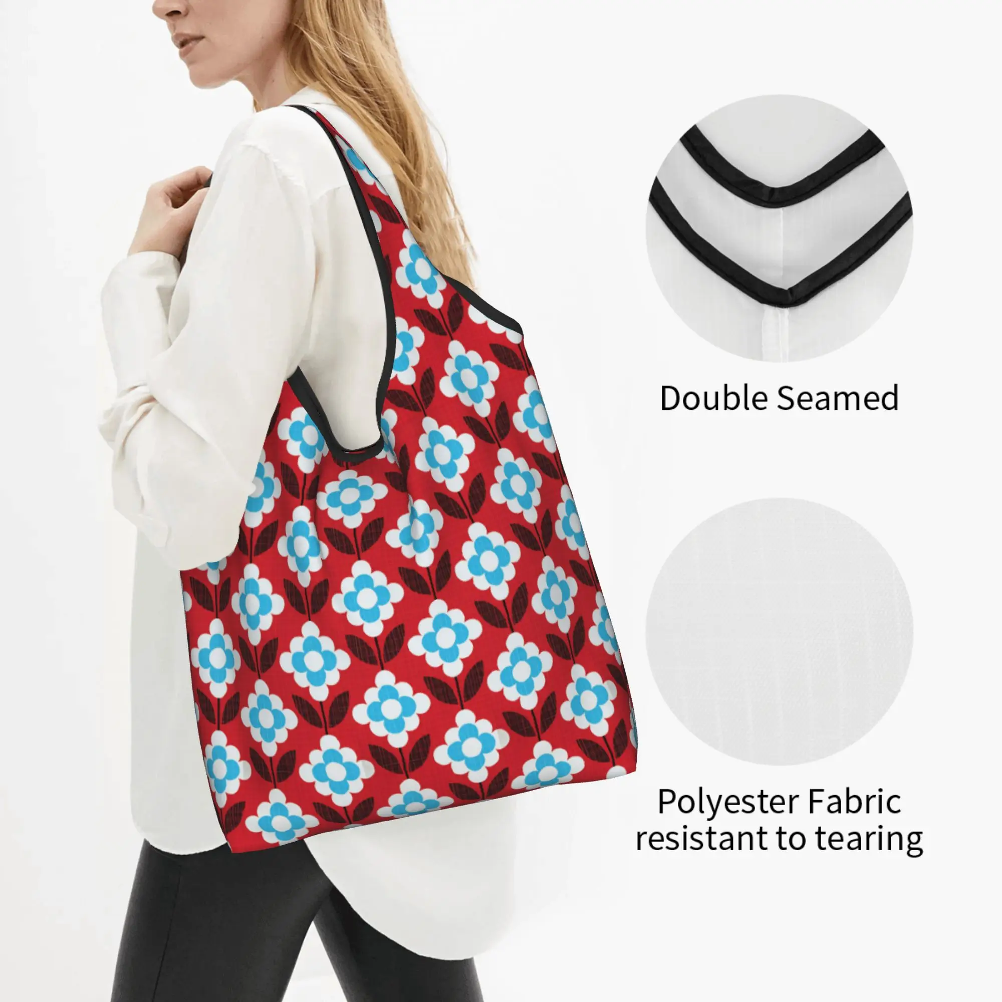 Funny Printed Flowers Orla Kiely  Shopping Tote Bag Portable Shopper Shoulder Preloved Blooms Red Turq Handbag