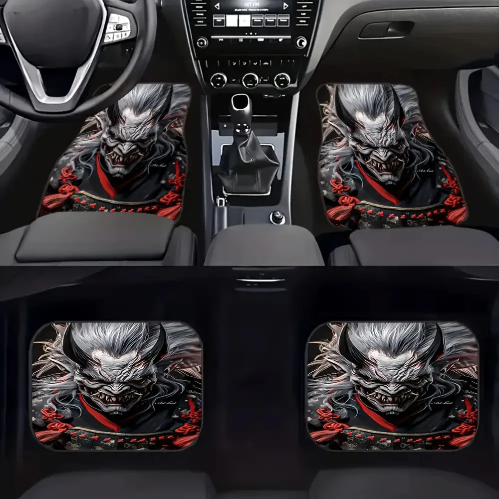 4pcs Evil Samurai Demon Pattern Car Footrest Set | Universal Front & Rear Floor Mats, Japanese Dark Style Monster Print, Polyest