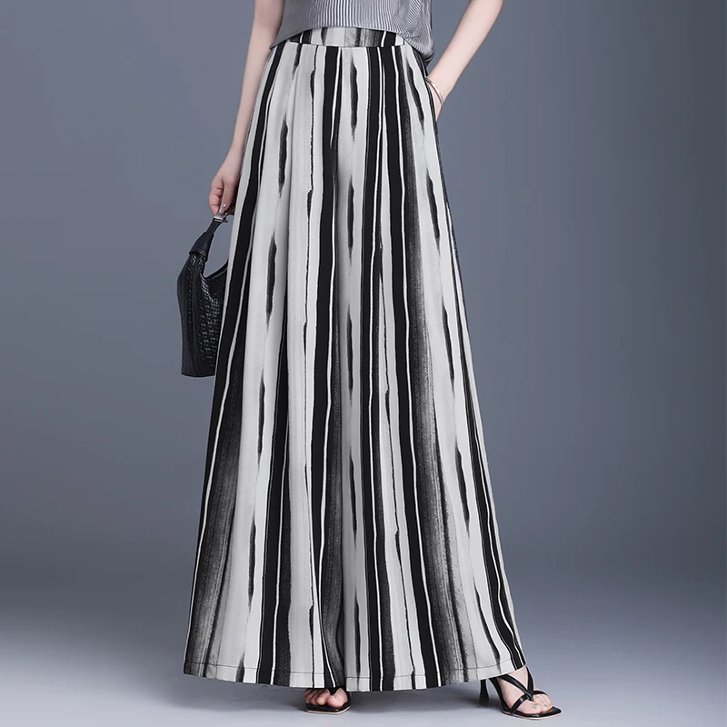 

Белые полосатые брюки-кюлоты из ледяного шелка для женщин, свободные брюки-юбка в пол, повседневные брюки с высокой талией, длинные брюки для работы и отдыха
