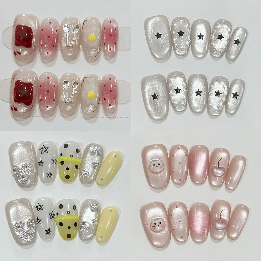 Gentle Korean Style Cat Eyes Short Oval Fake Nail Star Dots Diamond Hand Drawn Cherry Flower Bowknot Nail Art Summer Accessories
