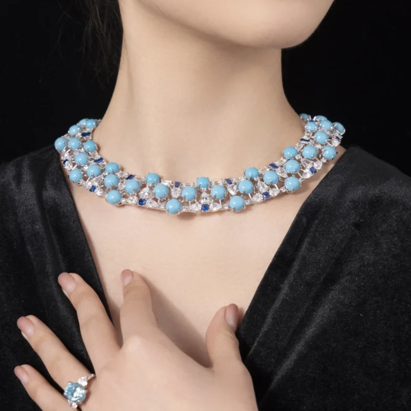 ZOCA Unique Blue Turquoise 925 Sterling Silver Choker Necklaces For Women Luxury Fine Wedding Party Jewelry