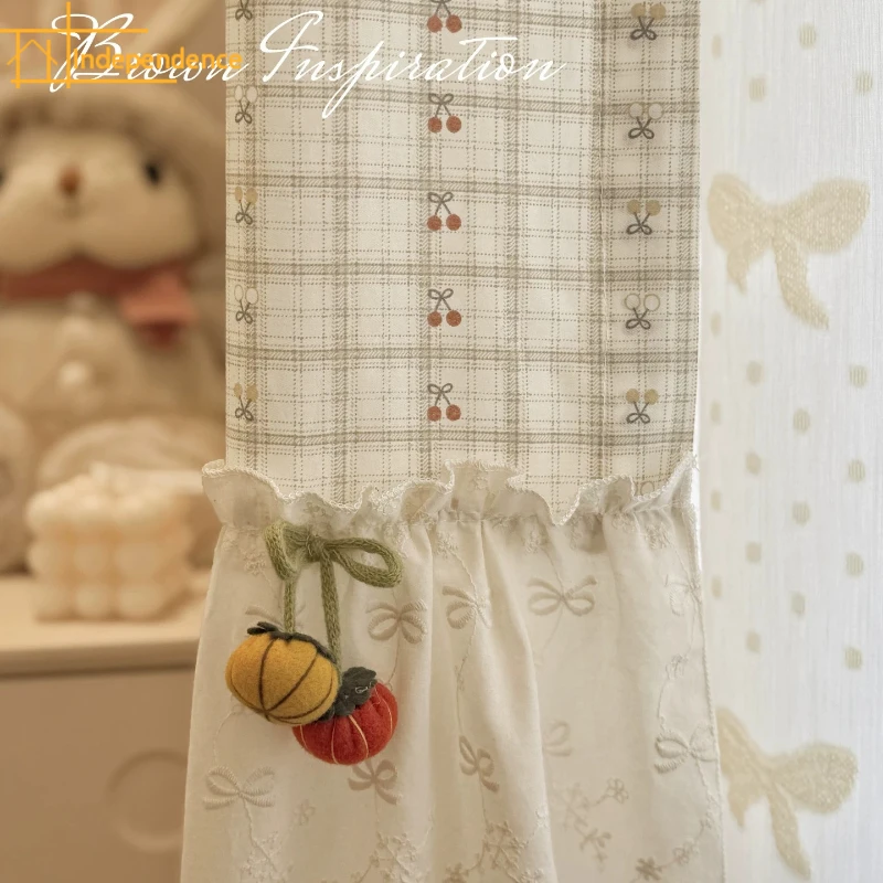 Cream French Vintage Checkered Cherry Children's Room Embroidered Skirt Curtains for Living Room Bedroom Customization Tulle