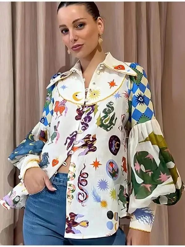 

Весна-Осень 20220. Женский длинный све irt Street Sle, свободный крой, с отложным воротником в горошек и одной пуговицей.