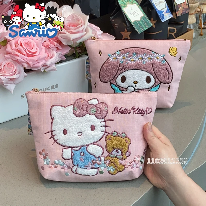  Hello Kitty New Embroidered Coin Purse Cartoon Cute Women's Coin Purse Large Capacity Pink Fashion Hand-held Storage Bag