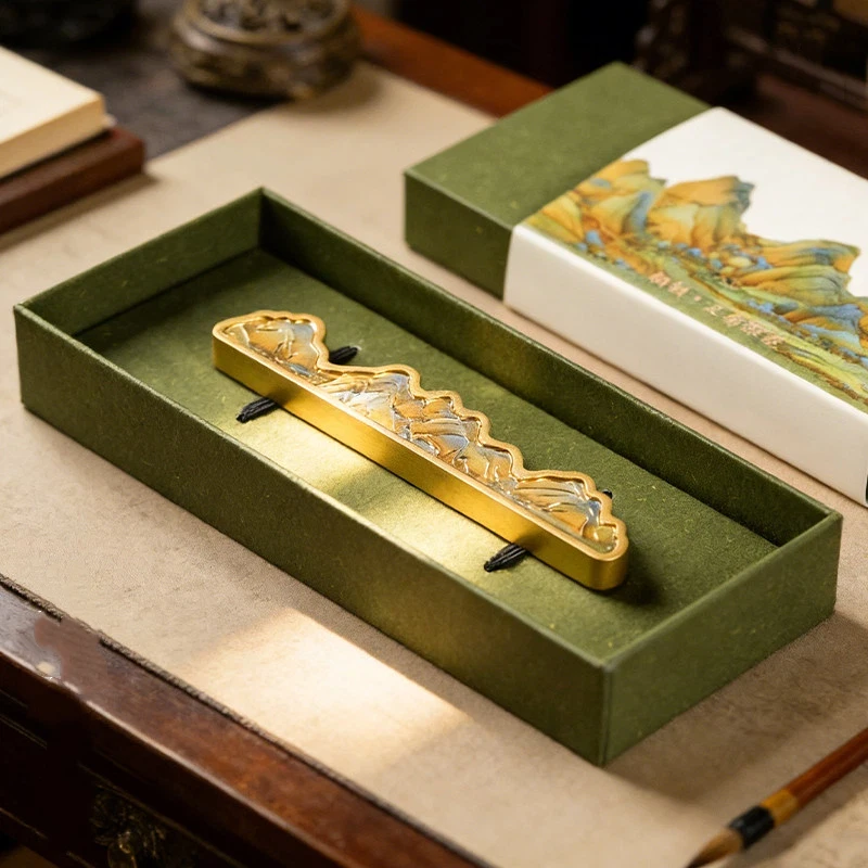 Solid Brass Paperweight with Pen Rest Thousand Li Landscape Pattern for Calligraphy Desk Decoration Gift Giving or Personal Use