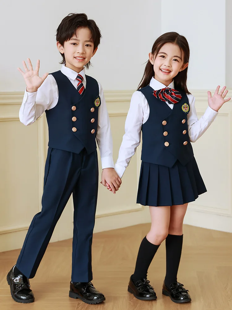 

Korean Japanese Vest Pleated Skirt Boys Formal Dress Blazer Suits Children Student Clothes Class Sets Kids School Uniform Girls