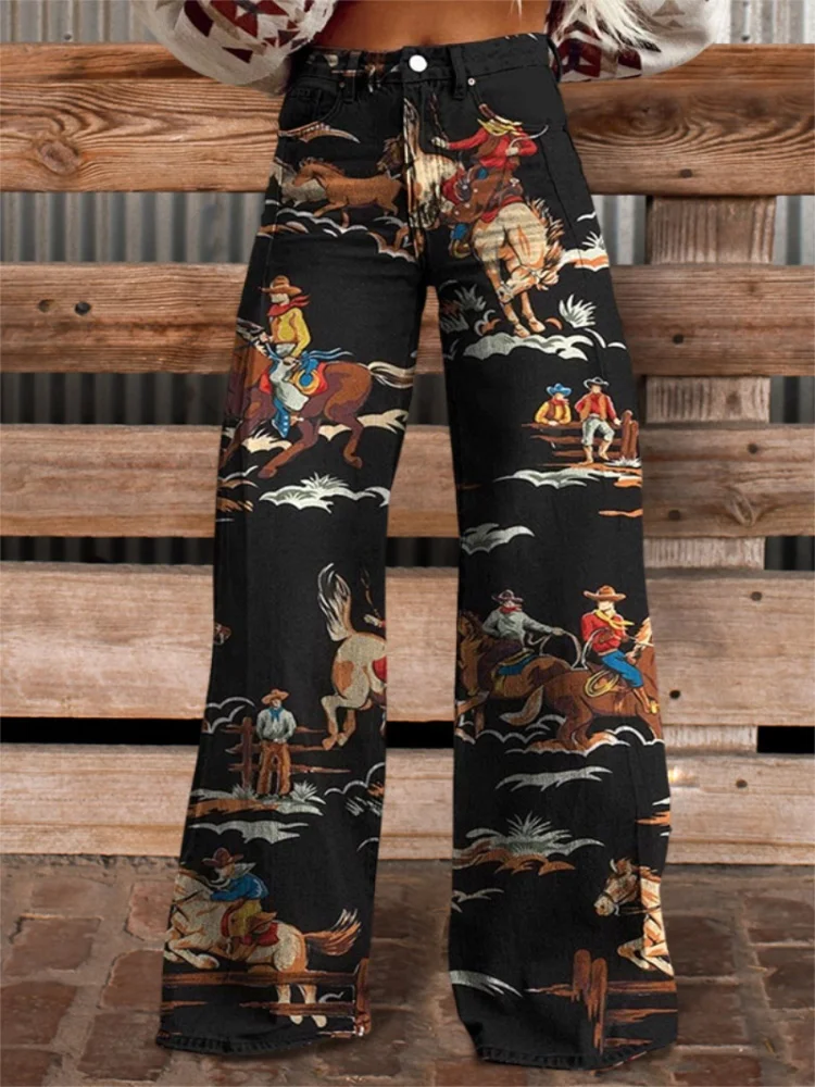 Spring, Summer, and Autumn Women's Long Pants 3D Digital Printing Imitation Jeans Thin Fabric Color Blocked Wide Leg Pants