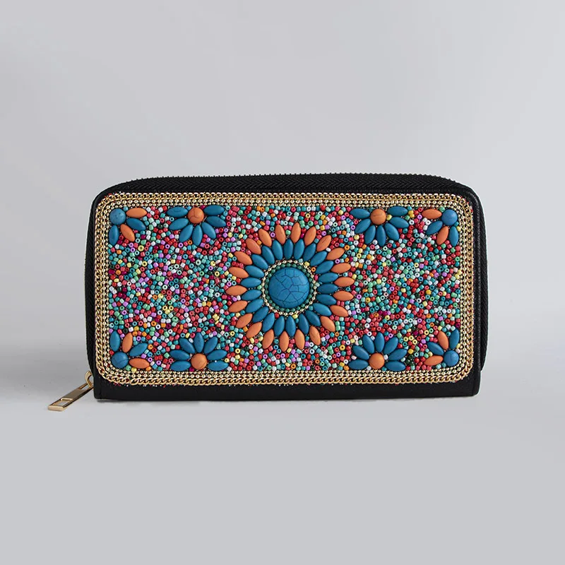 Elephant Pattern Retro Ethnic StyleNew Handmade Beaded Fabric Long Zipper Wallet Women's Multi-Card Coin Purse